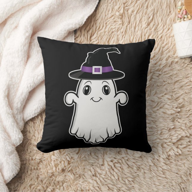 Smiling Cartoon Ghost With A Witch Hat Halloween Cushion (Blanket)