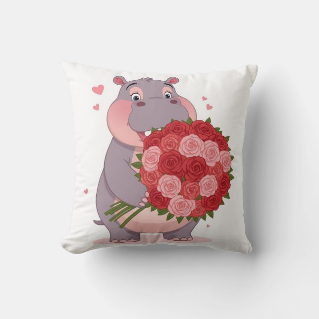 Smiling cartoon hippo holding a huge bouquet  cushion (Front)