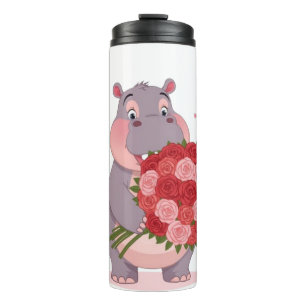 Smiling cartoon hippo holding a huge bouquet thermal tumbler