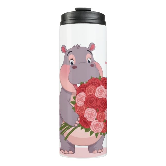 Smiling cartoon hippo holding a huge bouquet thermal tumbler (Front)