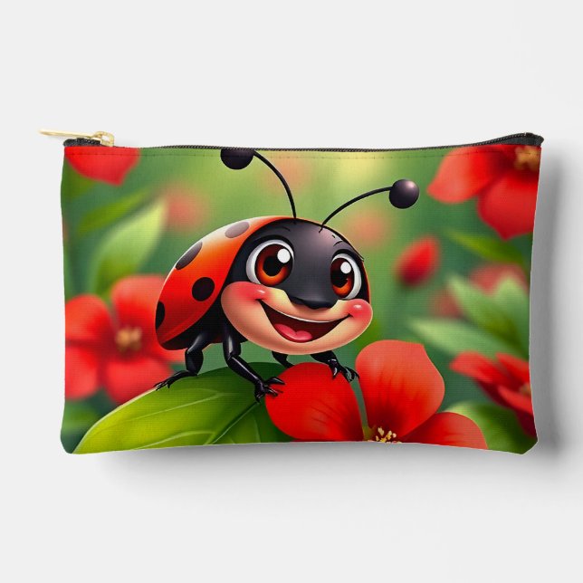 Smiling Cartoon Ladybug Sitting on Flower Accessory Pouch (Front)