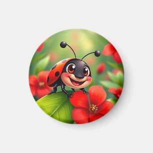 Smiling Cartoon Ladybug Sitting on Flower Magnet