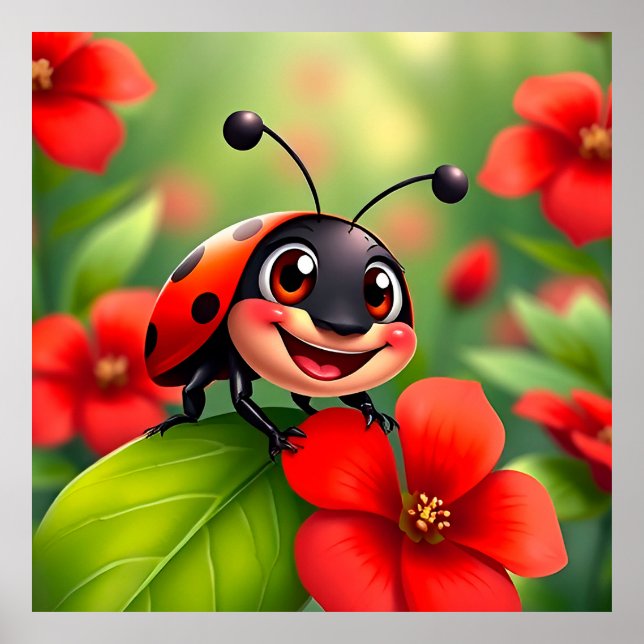 Smiling Cartoon Ladybug Sitting on Flower Poster (Front)