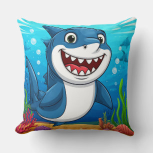 Smiling Cartoon Shark Swimming Underwater Cushion