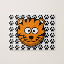 Smiling Cartoon Tiger with Paw Print Background
