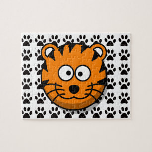 Smiling Cartoon Tiger with Paw Print Background Jigsaw Puzzle