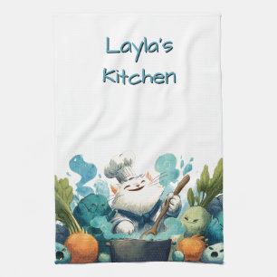 Smiling Cat Chef Cooking with Animated Vegetables Tea Towel