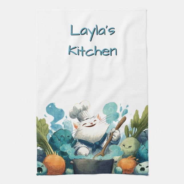 Smiling Cat Chef Cooking with Animated Vegetables Tea Towel (Vertical)