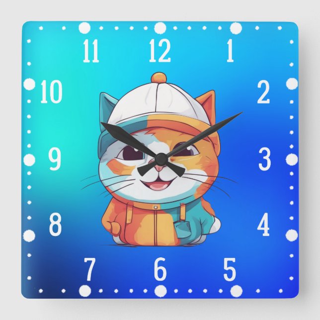 Smiling Cat Wearing Hat Clipart  Square Wall Clock (Front)