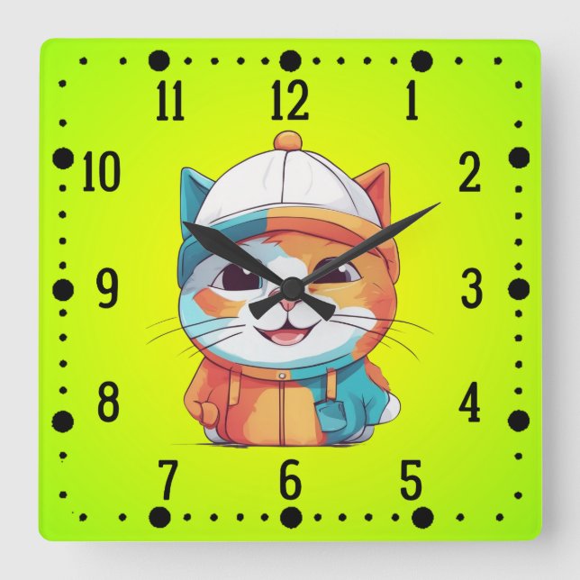 Smiling Cat Wearing Hat Clipart  Square Wall Clock (Front)