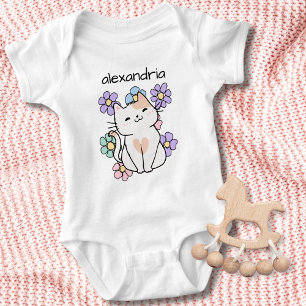 Smiling Cat with Flowers Monogram Baby Bodysuit