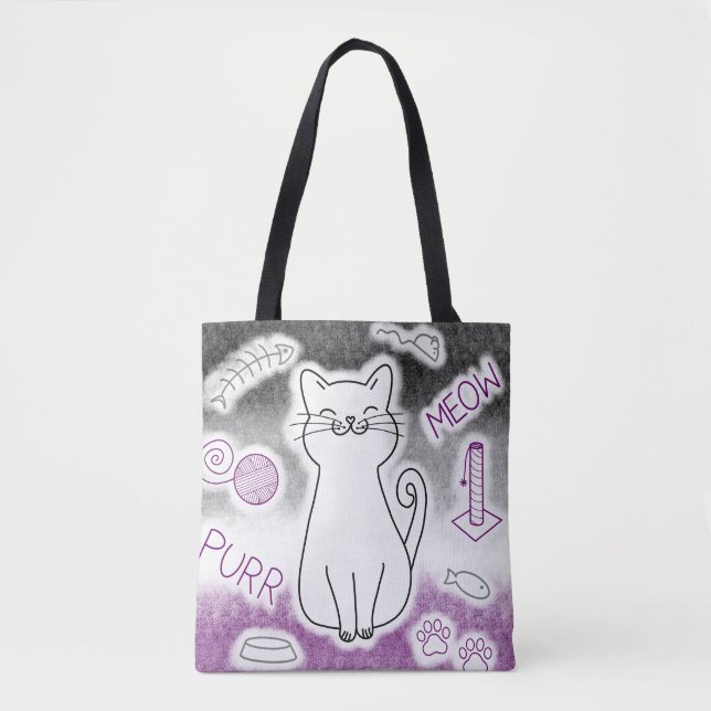 Smiling Cat with Toys Black Gray Purple White Tote Bag (Front)