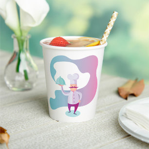 Smiling Chef with Moustache and Serving Tray  Paper Cups