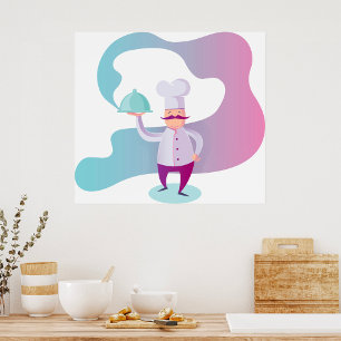 Smiling Chef with Moustache and Serving Tray  Poster