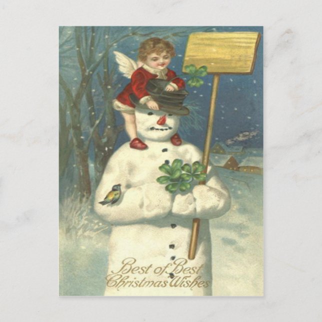 Smiling Cherub Snowman Shamrock Songbird Postcard (Front)