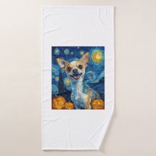 smiling chihuahua dog starry night by Van Gogh fin Bath Towel