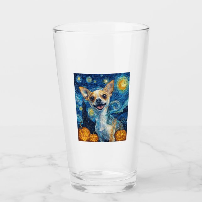 smiling chihuahua dog starry night by Van Gogh fin Glass (Front)