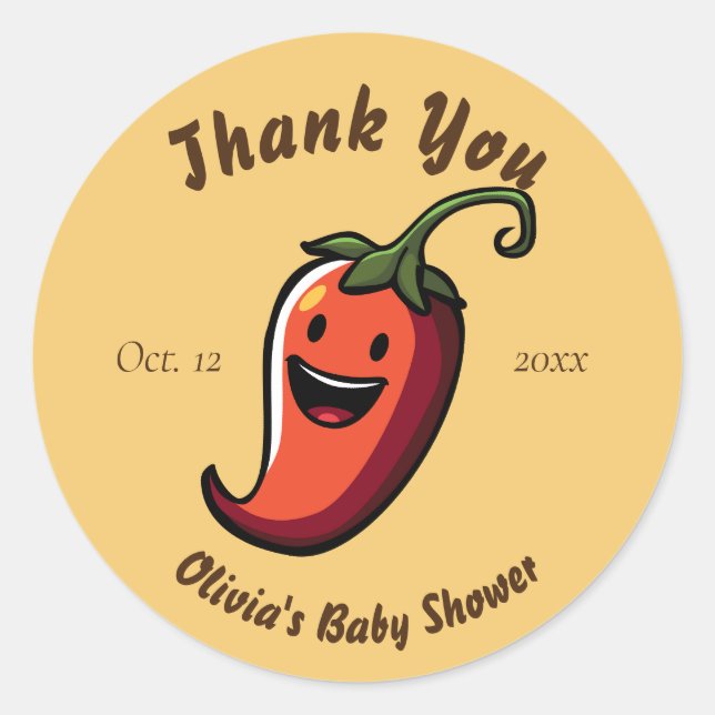 Smiling Chilli Pepper Baby Shower Thank You Classic Round Sticker (Front)