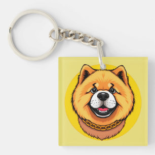 Smiling Chow Chow Dog Face and Golden Chain Key Ring