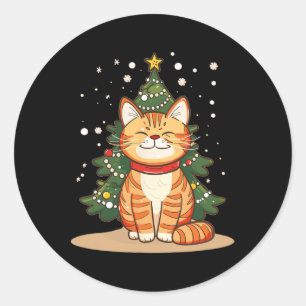 Smiling Christmas Morning Cat For Festive Season Classic Round Sticker