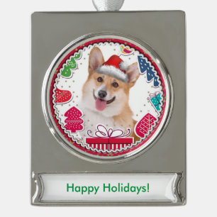 Smiling Christmas Red and White Corgi Silver Plated Banner Ornament