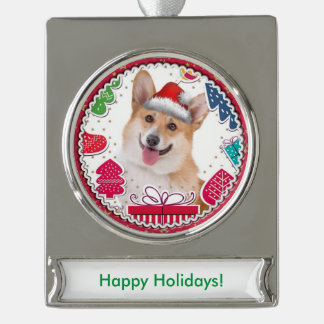 Smiling Christmas Red and White Corgi Silver Plated Banner Ornament