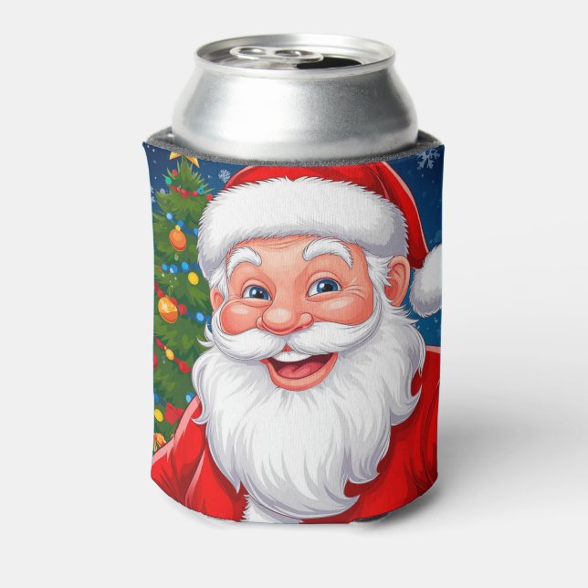 Smiling Christmas Santa Claus in Red Hat Can Cooler (Can Back)