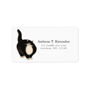Smiling Chubby Chonky Blue Eyed Chinese Tuxedo Cat Label