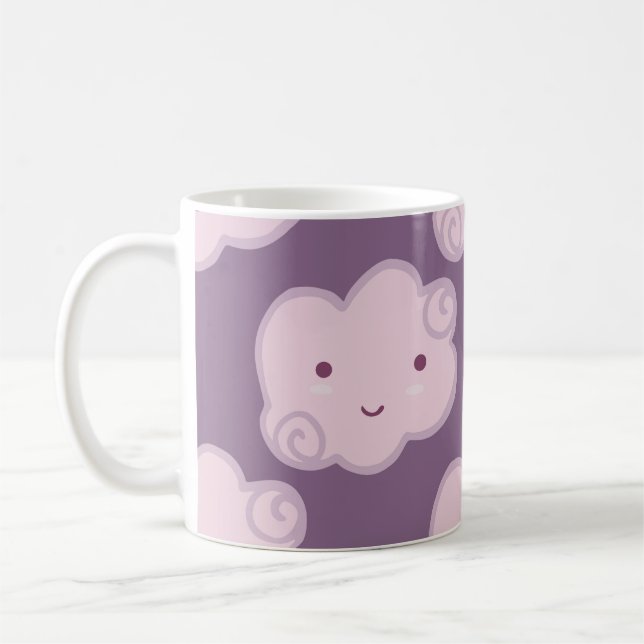Smiling cloud sky seamless pattern on lilac backgr coffee mug (Left)