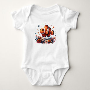 Smiling Clownfish in Floral Reef   Cute Sea Creatu Baby Bodysuit