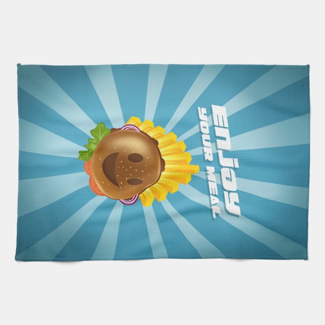Smiling colorful burger pattern torchon tea towel (Horizontal)