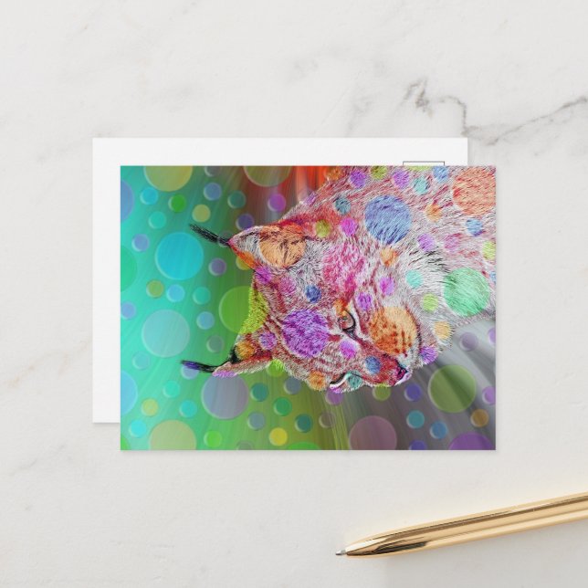Smiling, colourful lynx - abstract postcard (Front/Back In Situ)