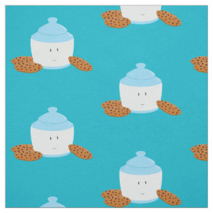 Smiling cookie jar with cookies around it fabric