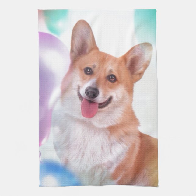 Smiling Corgi with Balloons Tea Towel (Vertical)