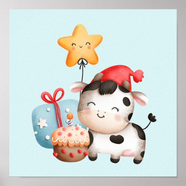 Smiling Cow Cute Adorable Birthday Poster (Front)