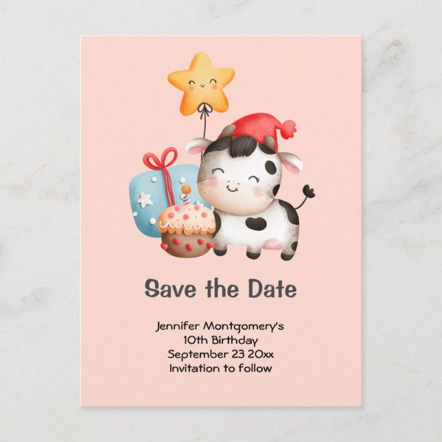 Smiling Cow Cute Adorable Birthday Save the Date Invitation Postcard (Front)