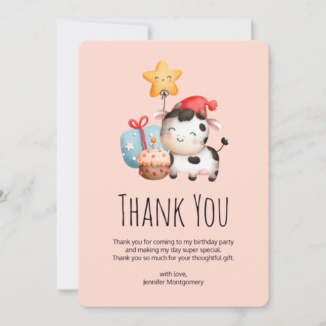 Smiling Cow Cute Adorable Birthday Thank You Card (Front)