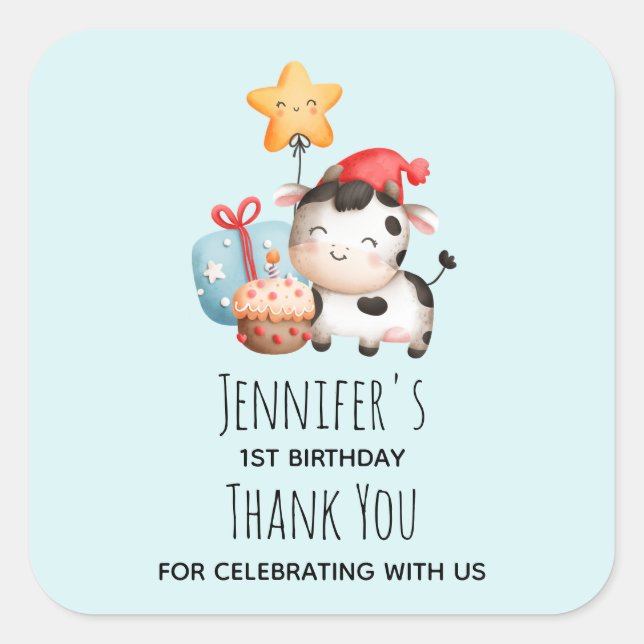 Smiling Cow Cute Adorable Birthday Thank You Square Sticker (Front)