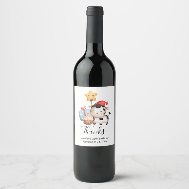 Smiling Cow Cute Adorable Birthday Wine Label (Front)