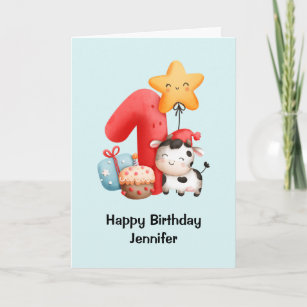 Smiling Cow Cute Adorable First Birthday Card