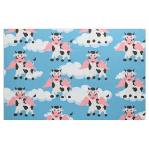 Smiling Cow Pink Wings Flying Animal Funny Cartoon Fabric