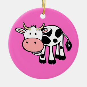Smiling Cow with Daisies Ceramic Ornament