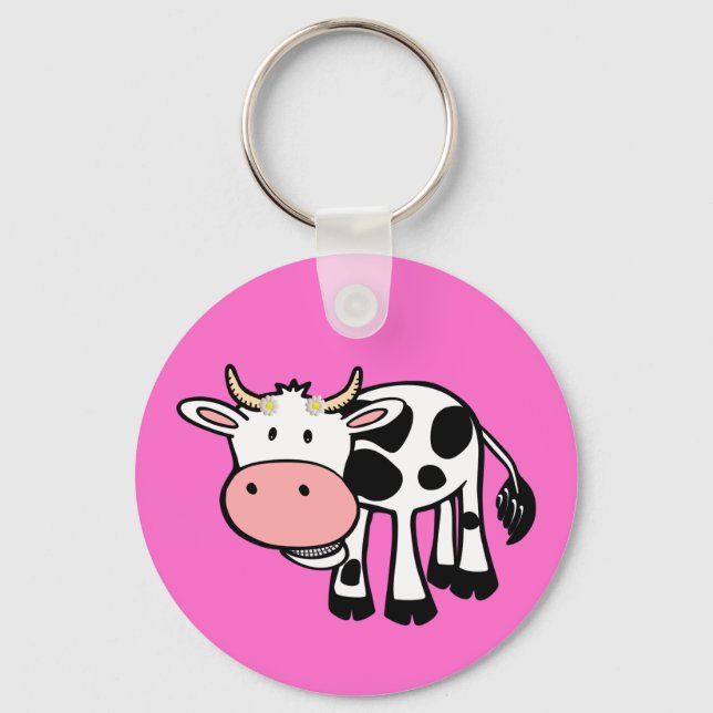 Smiling Cow with Daisies Key Ring (Front)