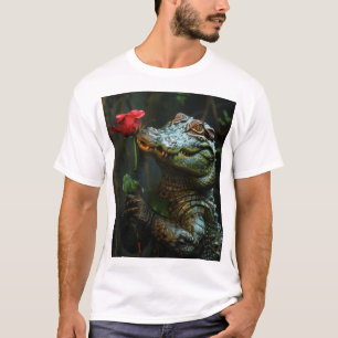 Smiling Crocodile Holding a Rose Cartoon T-Shirt