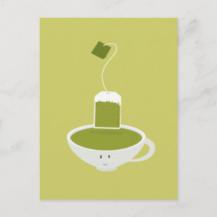 Smiling cup of green tea with tea bag postcard