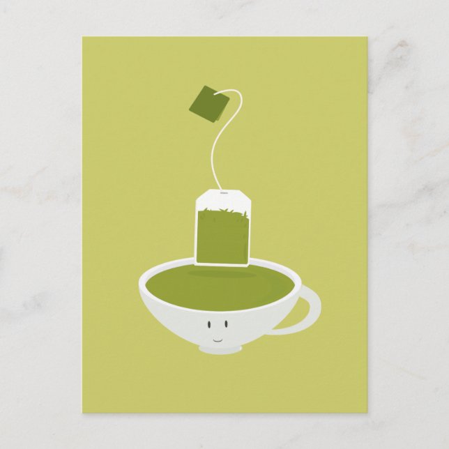 Smiling cup of green tea with tea bag postcard (Front)