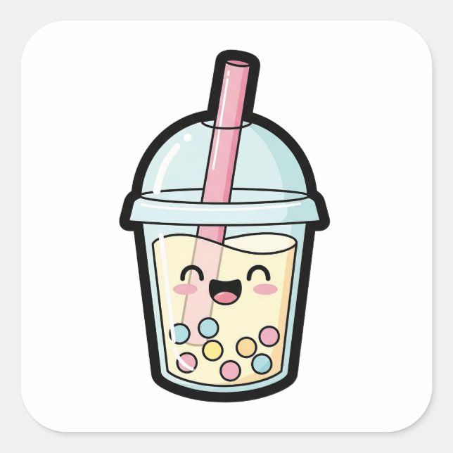 Smiling Cupcake – Cute Kawaii Illustration Square Sticker (Front)