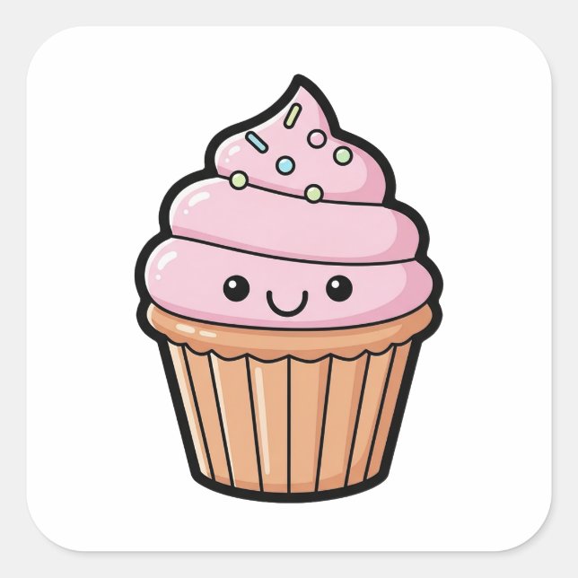 Smiling Cupcake – Cute Kawaii Illustration Square Sticker (Front)
