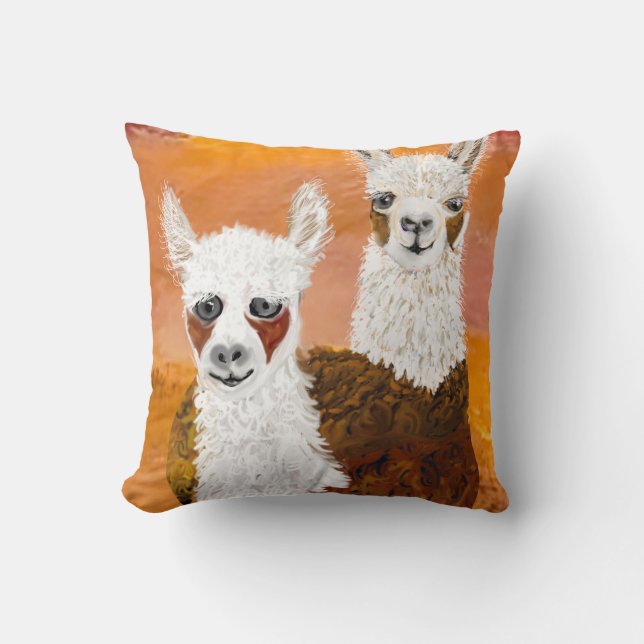 Smiling, Curious Llamas against Golden Sky Cushion (Front)