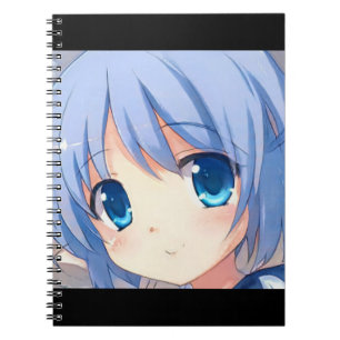 Smiling cute anime manga girl blue eyes violet notebook